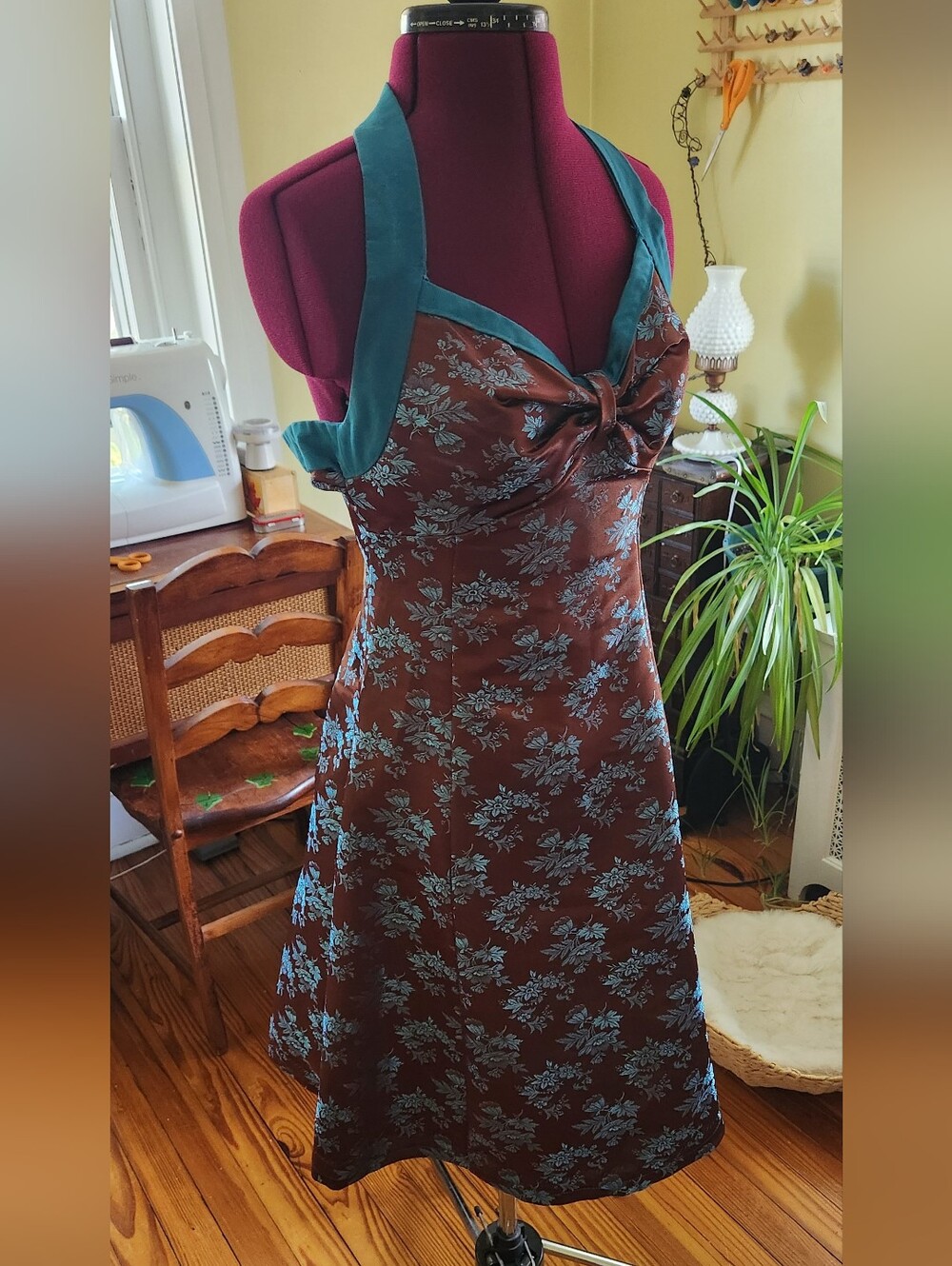 Handmade Brown And Blue  Satin Floral A-line Halter Dress